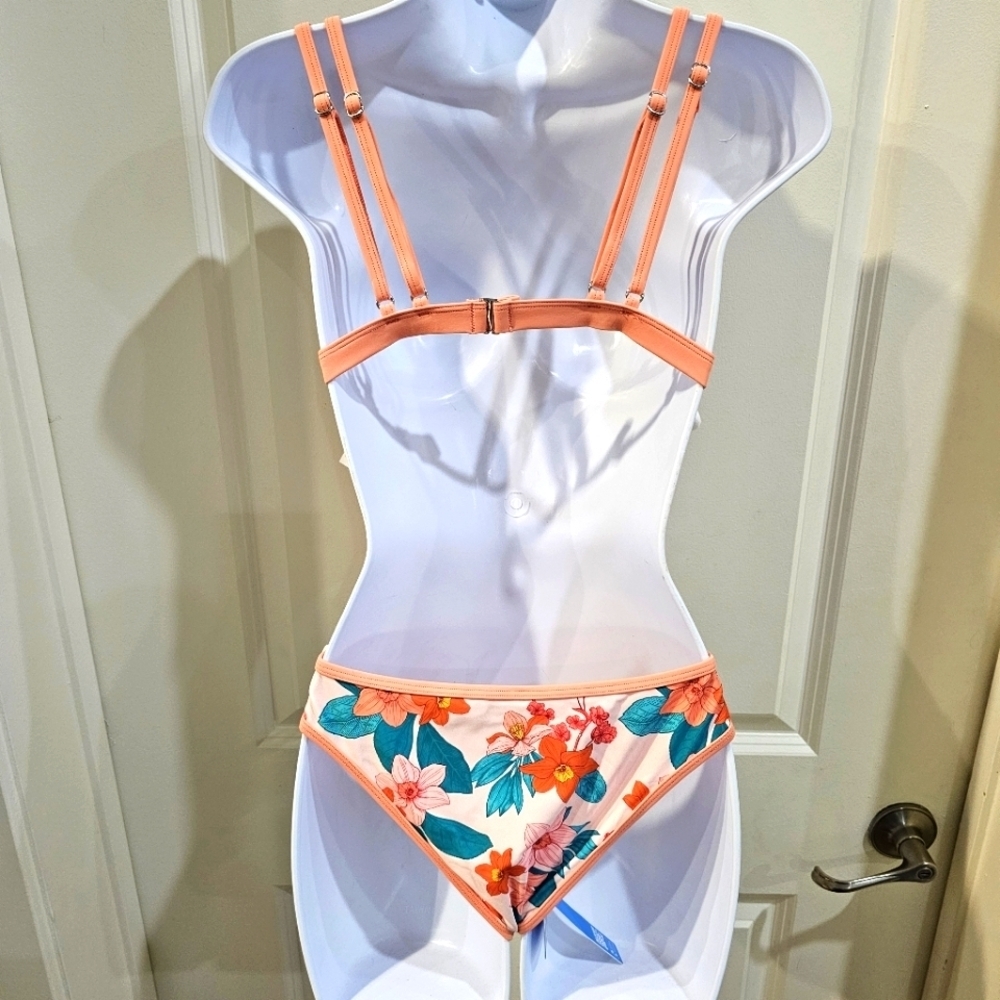 Cupshe ✦ Coral Floral Bikini Set ✦ Pom Pom Trim Adjustable Triangle Top S NWT - Picture 7 of 17